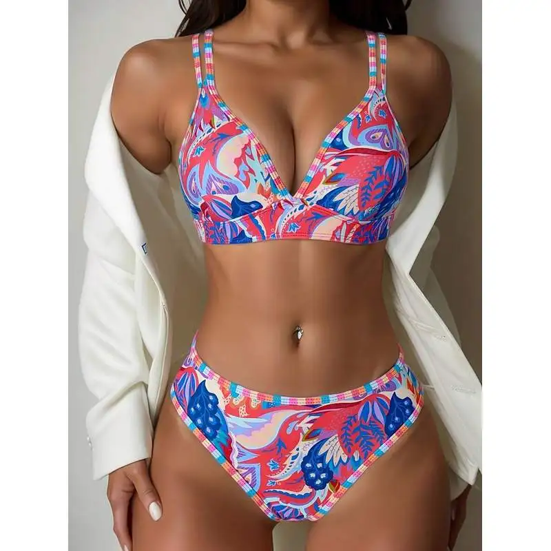 JEWELRY SEN Women Bohemian Abstract Print Double‑Strap Bikini Set 2‑Piece V‑Neck Summer Beach Bathing Suit Swimwear
