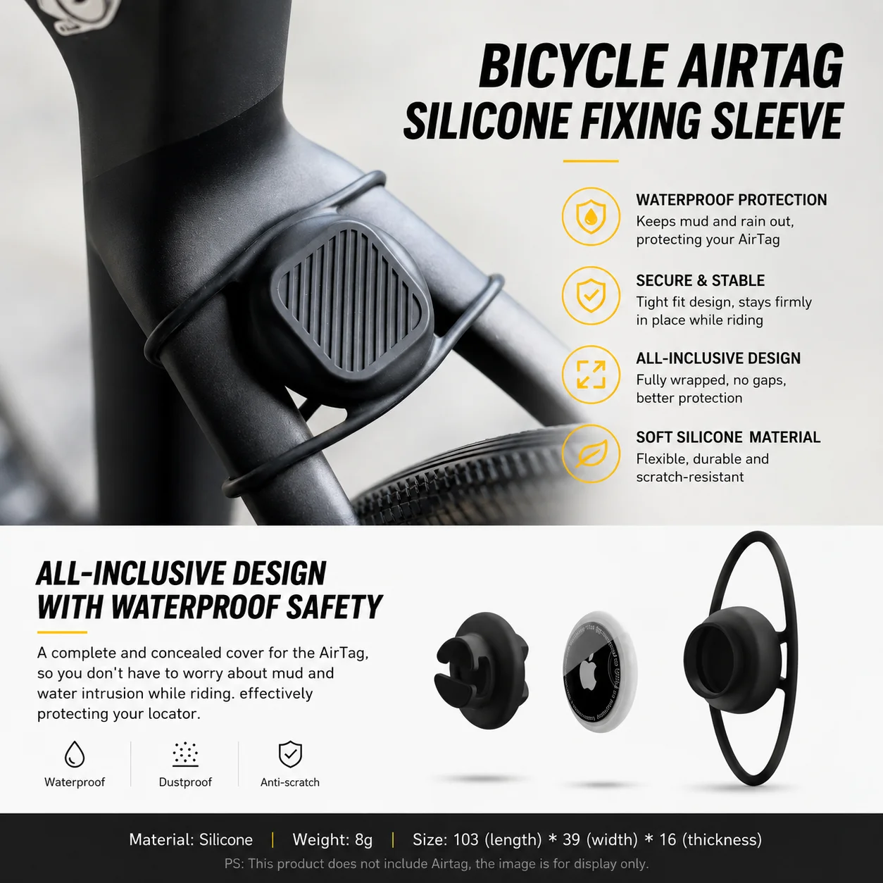 Bike AirTag Silicone Protective Case Waterproof Anti-Lost Holder with Strap for Bicycle Backpack Pet Eco-Friendly Soft Cover