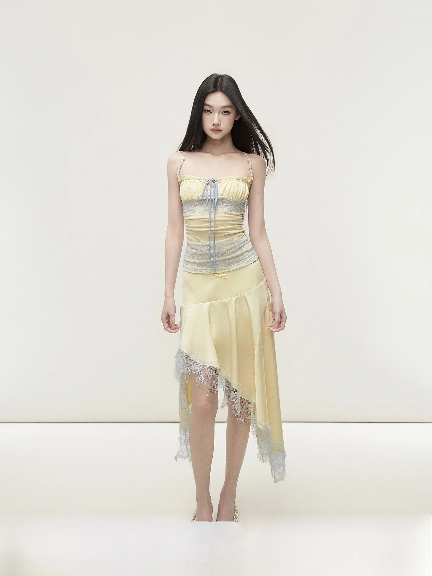 Matin Yellow Design Sense Satin Half Skirt Women Loose Side Hem Lace Trim Slim A-Line Skirt Low Waist Polyester Fiber