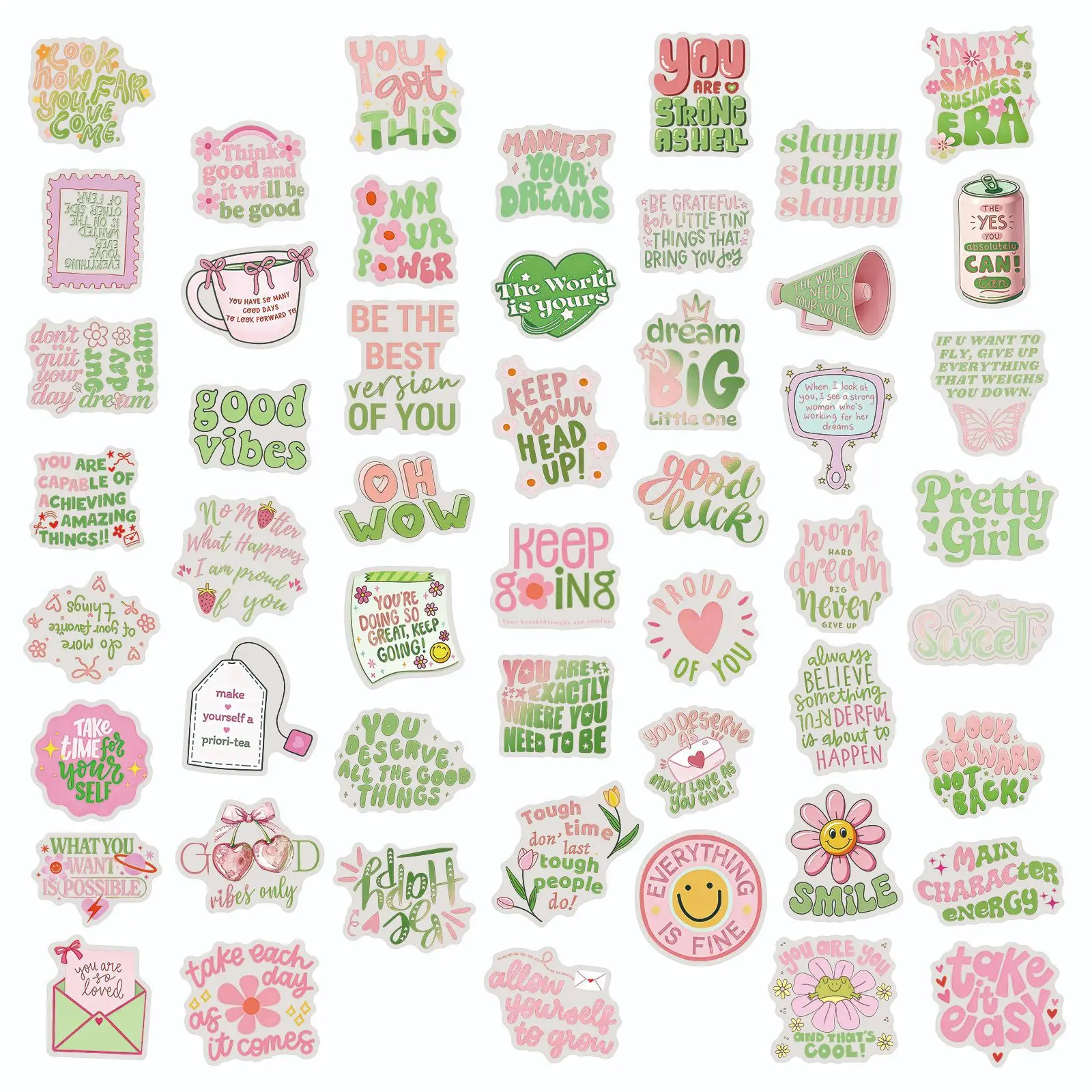 50Pcs Pink & Green Motivational Transparent PET Doodle Stickers Waterproof Decorative Notebook Guitar Luggage Stationery Decals