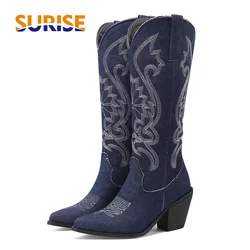 Winter Women's Kneehigh Boots Women Western Cowboy Embroidery Flower Blue Brown Sewing Pointed Toe Block Heel Cowgirl Long Boots