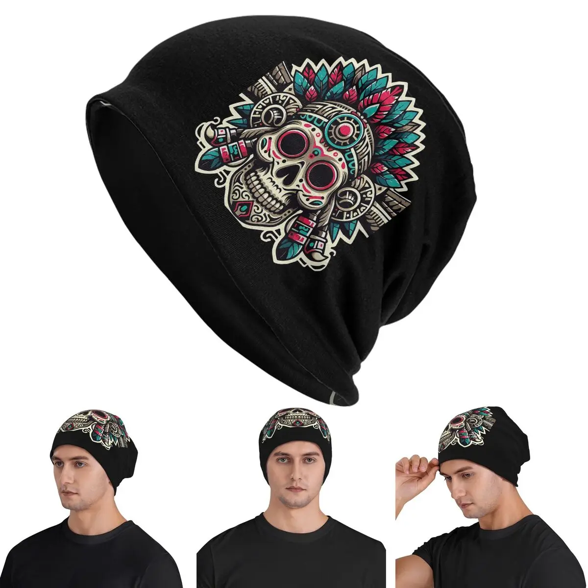 

Шапки-бини с ацтекским черепом и шлейфом Skullies, теплая осенне-зимняя уличная шапка, вязаные шапки для взрослых унисекс