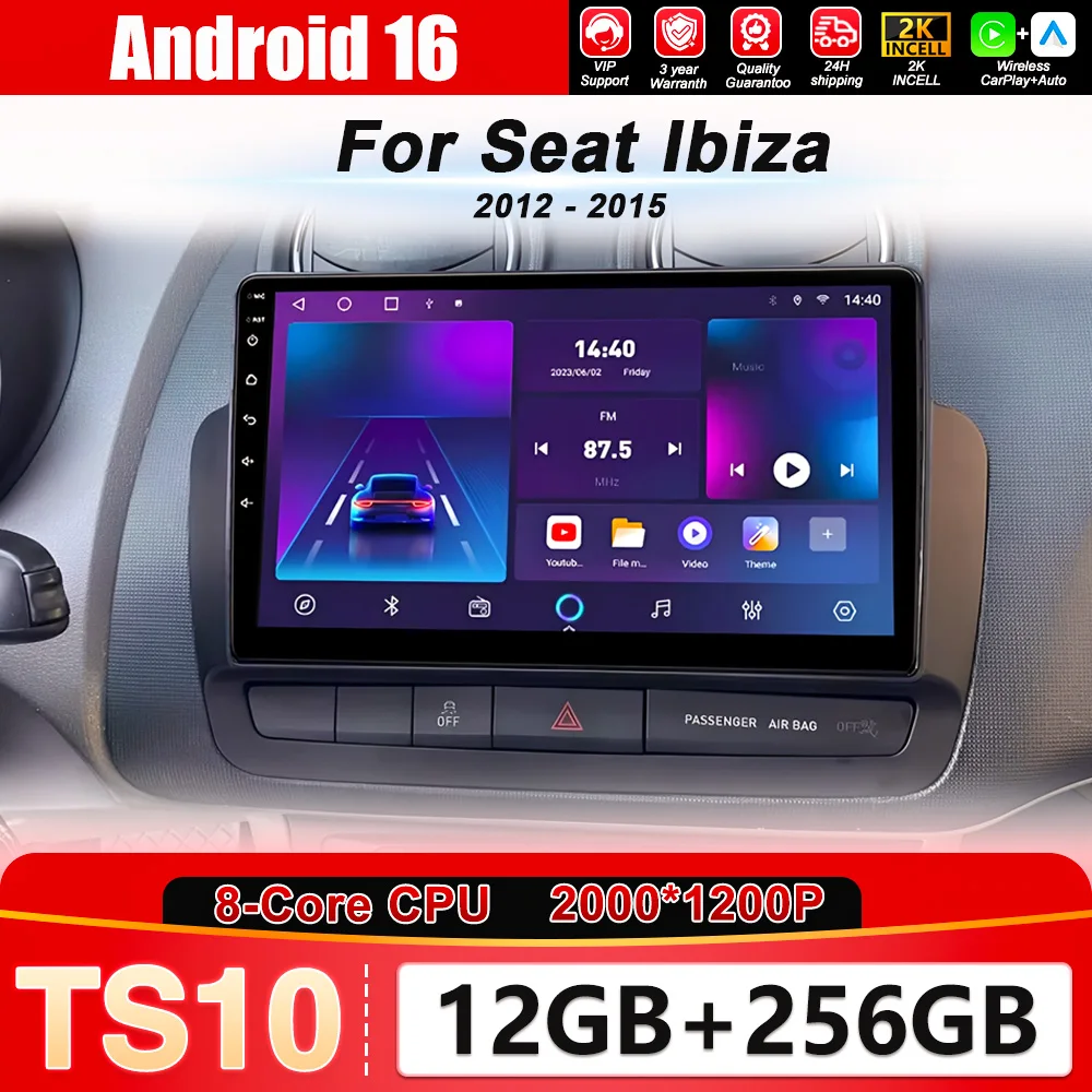 

QLED Touch Screen For Seat Ibiza 2012-2015 Android 16 Auto Radio Car Multimedia Video Player 5G WIFI BT GPS Navigation No 2din