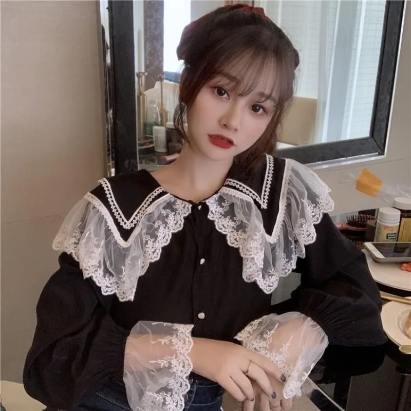 Hikigawa Chic Fashion Women Korean Loose Peter Pan Collar Lace Long Sleeve Shirts Summer Vintage Elegant Blouse Tops Mujer