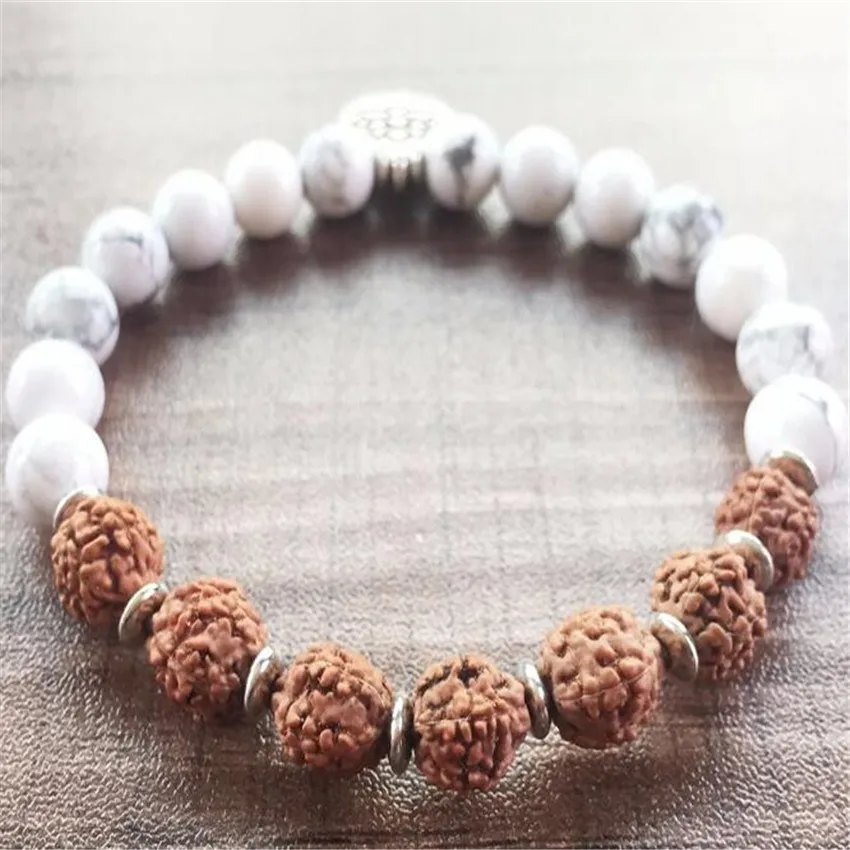 8mm Rudraksha Howlite Mala Bracelet 7.5 inches Bangle Chain Artisan Wear Teens Jewelry Lovers Stackable Link Prayer