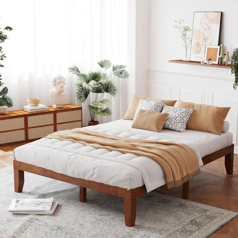 

14 Inch Queen-Size Wood Platform Bed, Minimalist Design with Solid Rubberwood, Heavy-Duty Slat Support, No Box Spring Required,