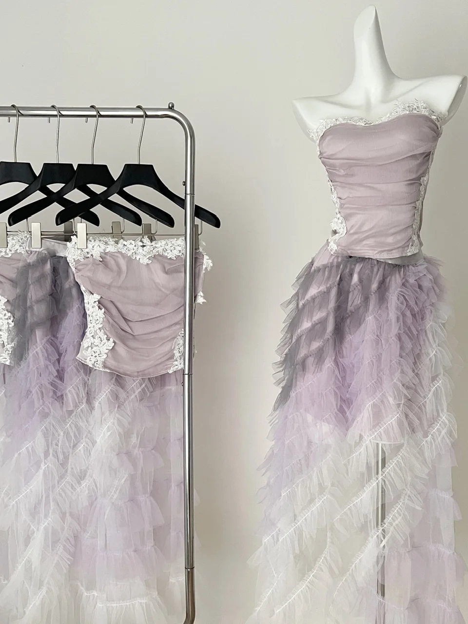 

Summer Purple Lace Splice Slim Fit Tube Top+Tulle Skirt Set Fairy Sle Faion Ensemble Women's Premium Clothing