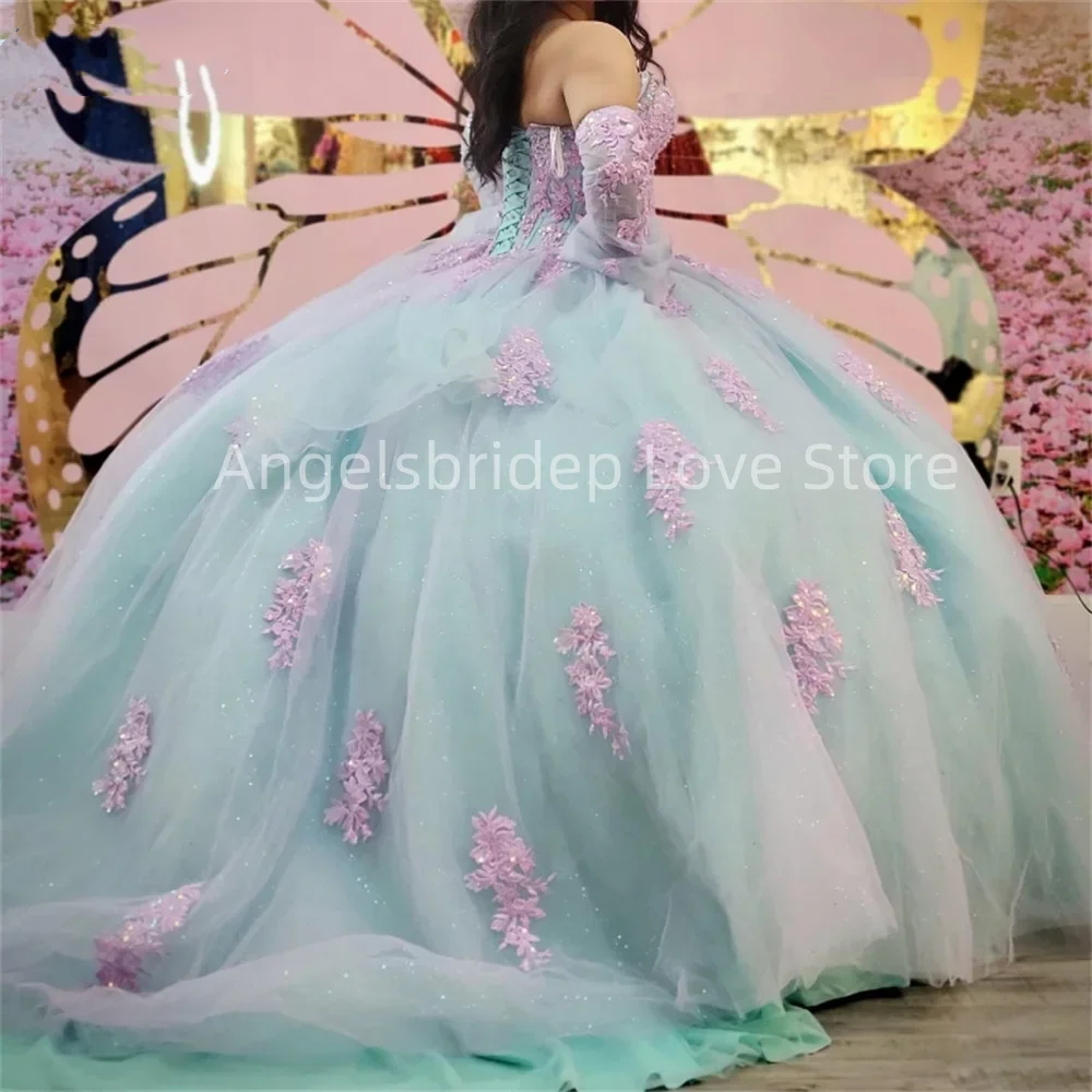 Angelsbridep-Vestidos Quinceanera roxos com manga de trompete, vestido de baile do ombro, 15 anos, princesa, xv, 2019