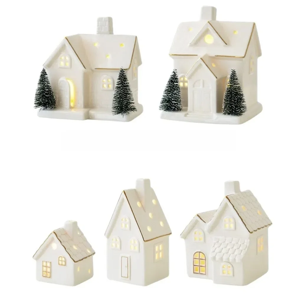 LED Light Up Christmas Village Houses Ceramic White House Figurines with Christmas Trees Home Decor Tabletop Ornaments
