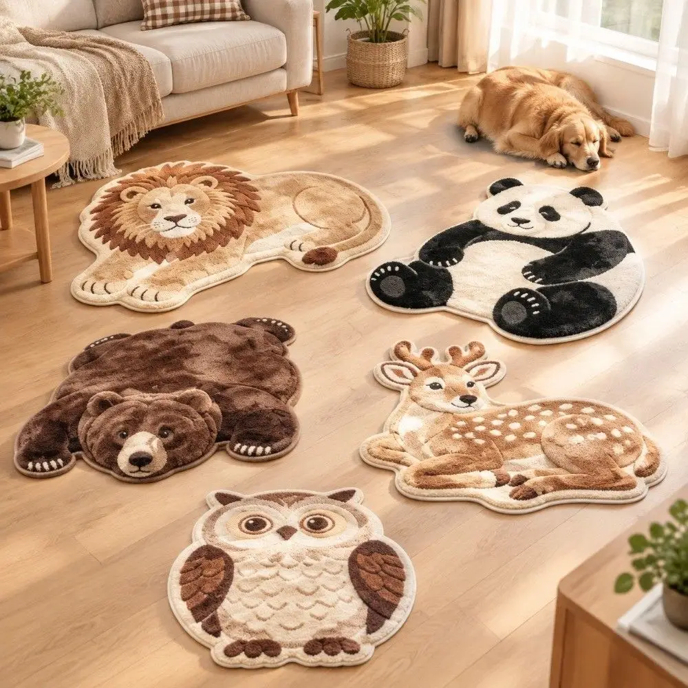 Soft Faux Cashmere Faux Animal Print Rug Non Slip Backing Machine Washable Cute Animal Shaped Mat Moisture Absorbent