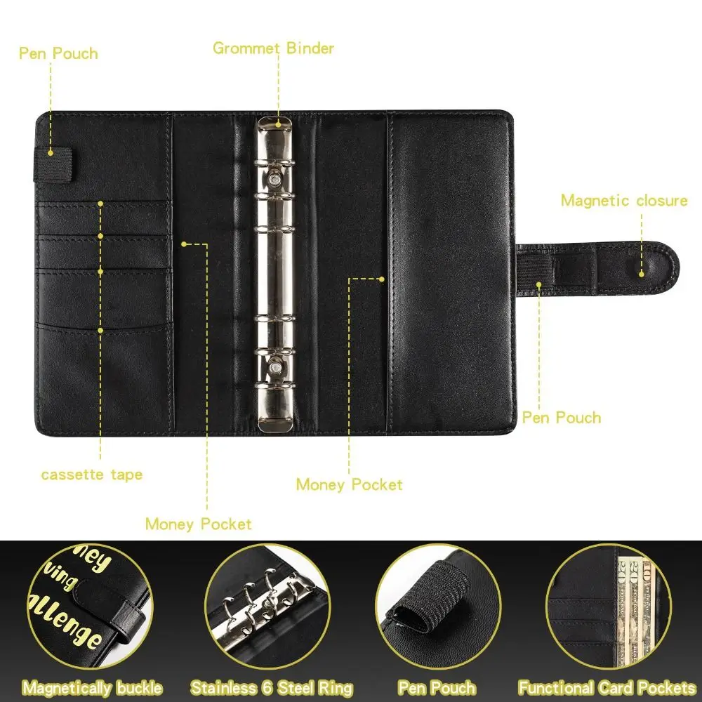 PU Leather Envelope Challenge Binder Refillable Loose-leaf Savings Challenges Book Challenging Cash Envelopes