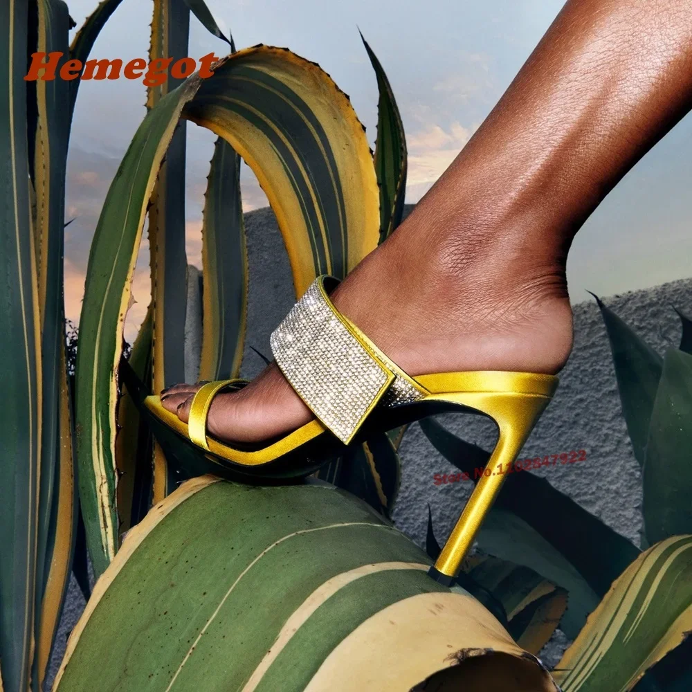 

Satin Stiletto Bling Slippers Open Toe Thin High Heeled Hook and Loop Women's Mules Summer Newest Solid Luxury Shoes Outside