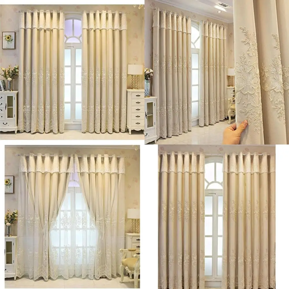 Double Layer Beige Lace Embroidered Curtains, 2 Panels, 118W x 106H Inches, Ideal for Bedroom and Living Room Privacy and Style