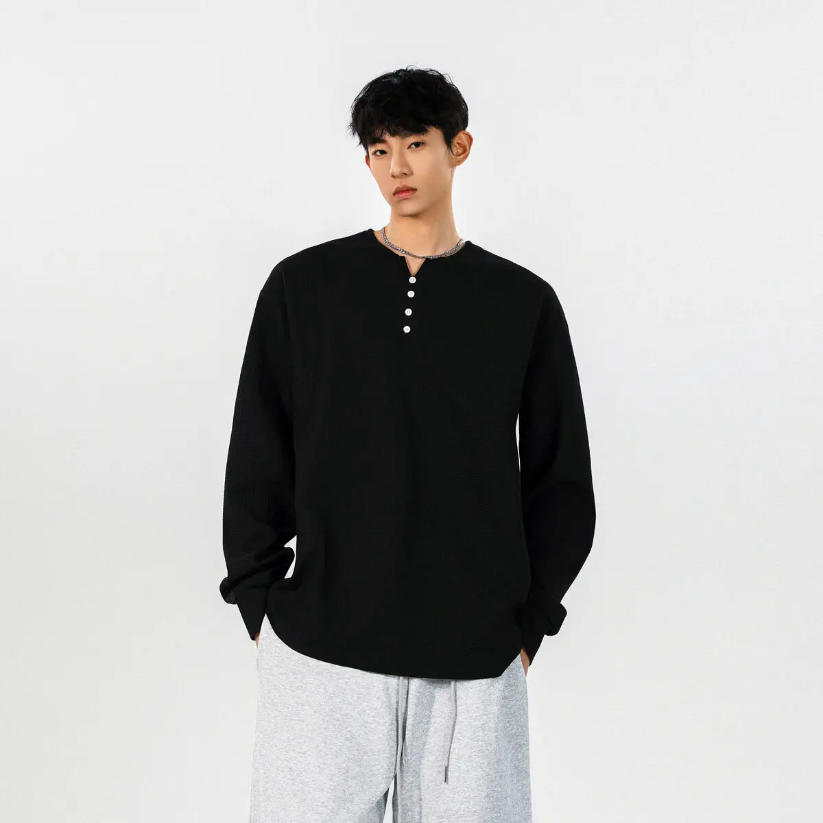 

Spring New Men's Henry Collar T-shirts Buttons Long Sleeve Solid Loose Tops Tees Man Big Size Casual t shirt for men
