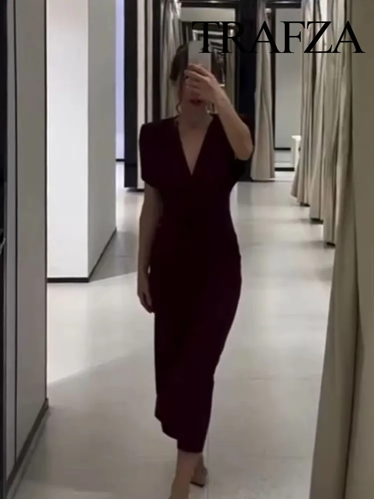 

TRAFZA Female Elegant Sheath Dress Solid V-Neck Sleeveless Zipper Party Dresses Women's Summer New Fashion Sexy Slim Dress