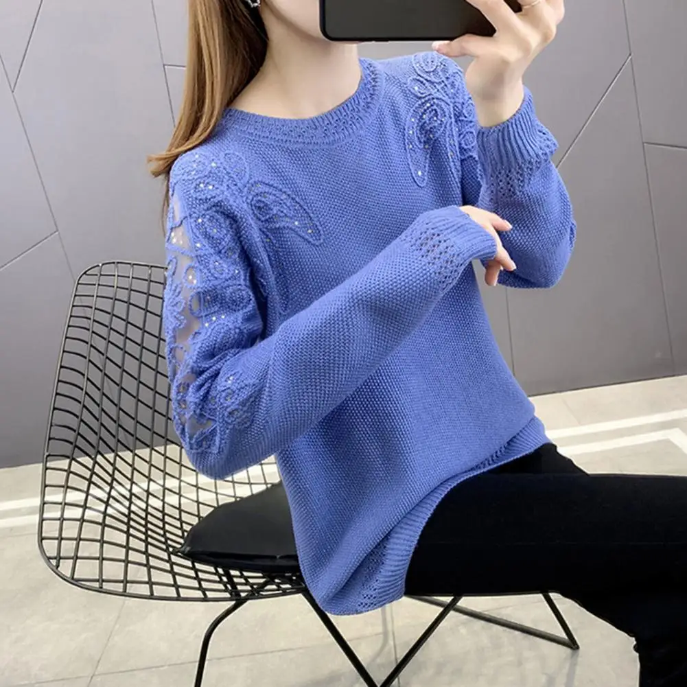 Popular Casual Sweater Sequins Decor Loose Fit Lady Lace Stitching Knitting Sweater  Skin-Touch Pullover Sweater Daily Clothing