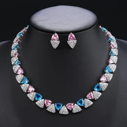Elegant Multi Color Love Heart Cubic Zirconia Necklace Set Wedding Bridal Necklace Earrings Costume Jewelry Set CN11332