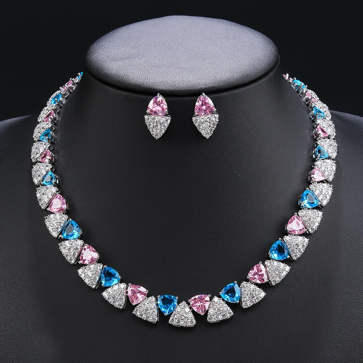 Elegant Multi Color Love Heart Cubic Zirconia Necklace Set  Wedding Bridal Necklace Earrings Costume Jewelry Set CN11332