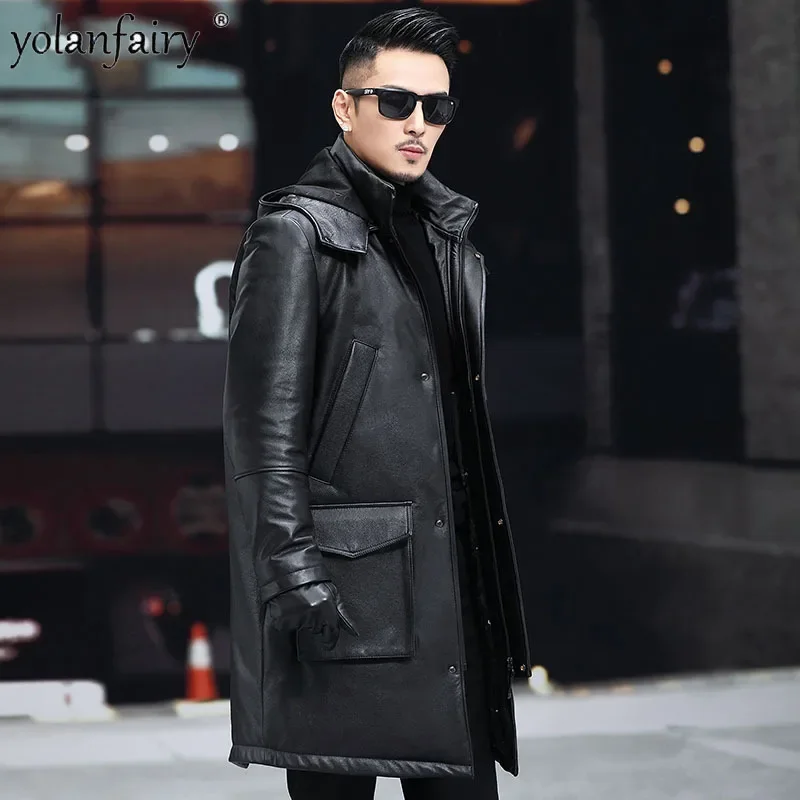 YOLANFAIRY Genuine Leather Jackets Men's Down Jacket Male Natural Calfhide Thick Warm Winter Coat Men Clothing Midi Long Jaqueta