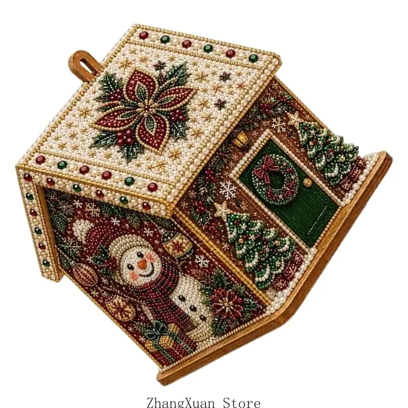Hands-On Christmas Craft Set with Wooden House Form, Rhinestones Painting Piece, and Pearls Accents for Seasonal Display 3XUF