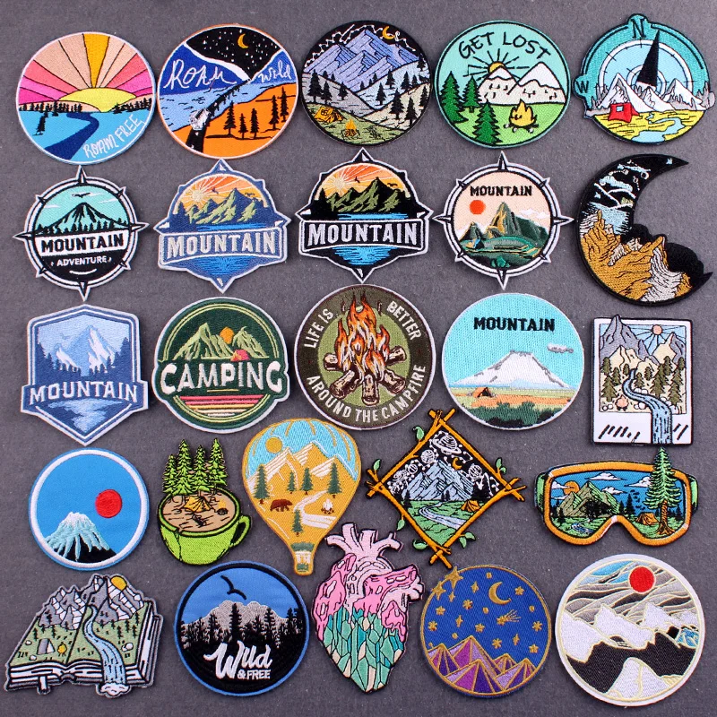 

Mountain Adventure Patches For Clothing Stickers DIY Travel Badges Camping Embroidery Patch Iron On Patches On Clothes Stripes