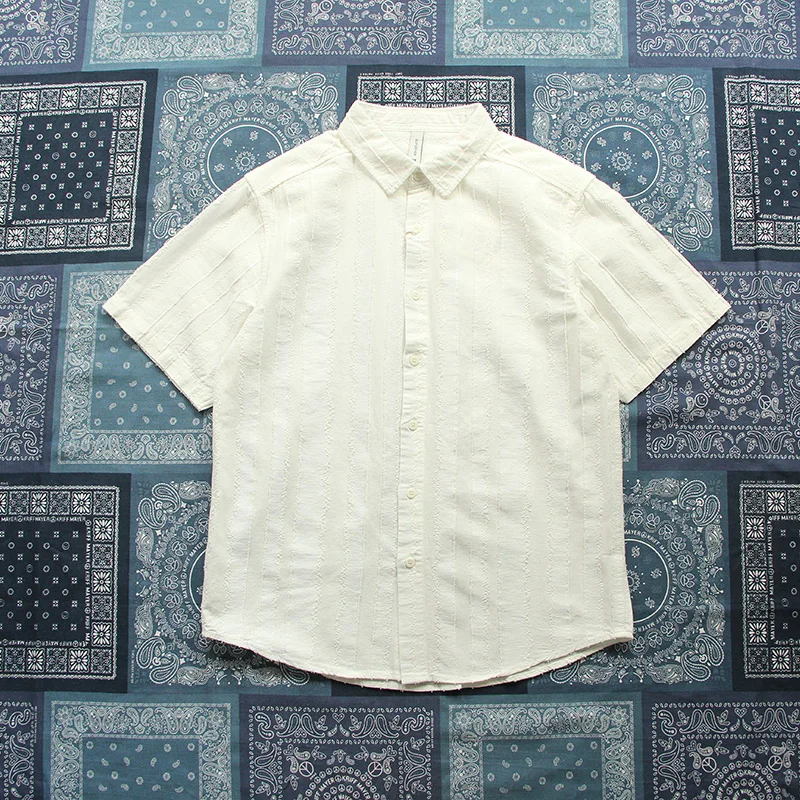 Chic Seersucker Striped Shirt for Men Amekaji Vintage Relaxed Fit Short Sleeve Button-Down Retro Textured Casual Shirt Jacket