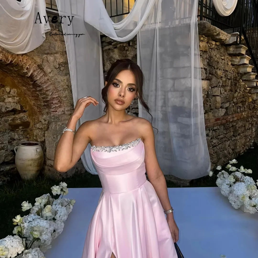 에이버리 맞춤형 핑크 민소매 오프숄더 라인스톤 럭셔리 우아한 파티 드레스 웨딩 여성 이브닝 드레스
