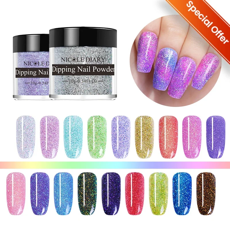 Nicole diário 10ml sistema de imersão em pó glitter camaleão brilhante decorações de arte de unhas para design de pontas de unhas