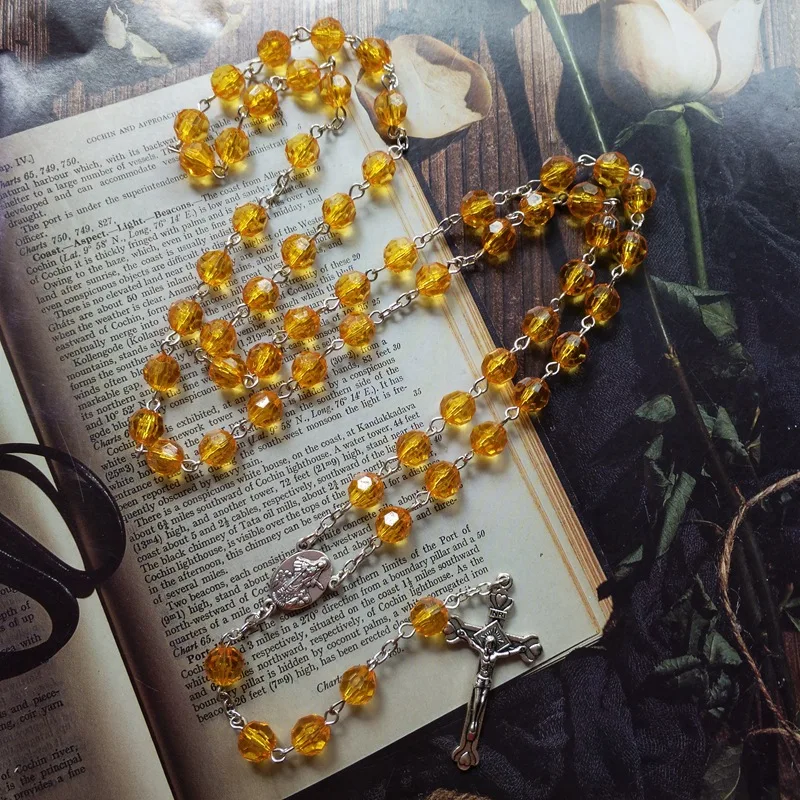 QIGO Green Acrylic Rosary Necklace Vintage Cross Pendant Long For Men Women Christian Church Prayer Ornaments