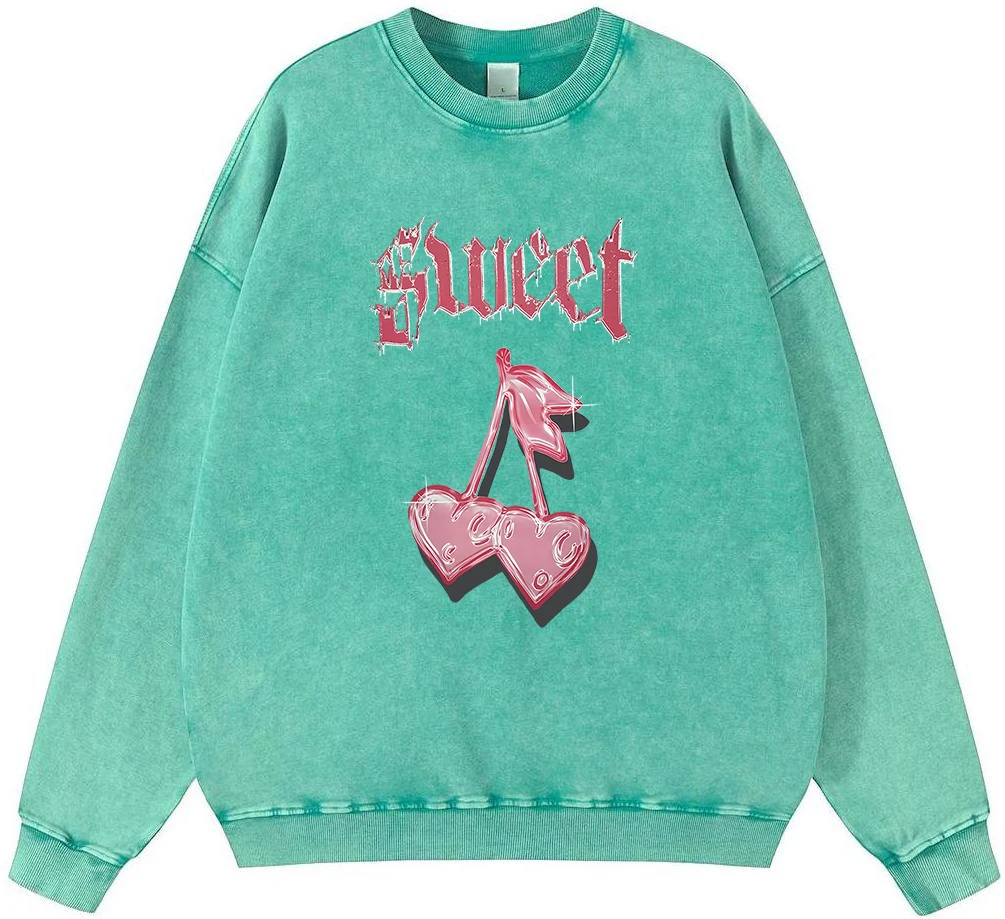

Sweet Cherry Letter Prints Girl Vintage Washed Cotton Sweatshirt Harajuku Oversize Pullover Fashion Fleece Autumn Soft Tops