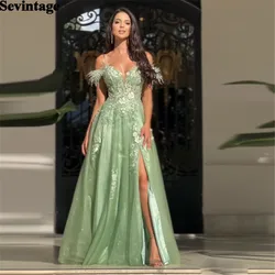 Sevintage Customized Elegant Prom Dresses Tulle  Off The Shoulder Feathers Appliques Party Growns Side Slit Floor Length