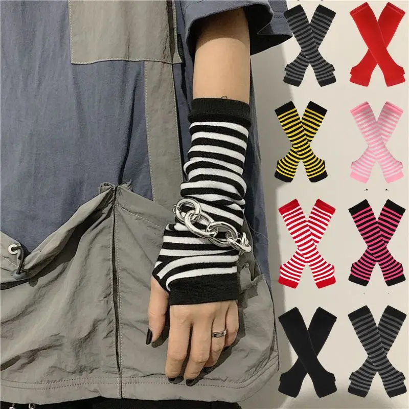 

Fashion Striped Arm Warmers Winter Long Fingerless Gloves Solid Knitted Arm Sleeves Y2k Women Girls Elbow Arm Cover Accessories