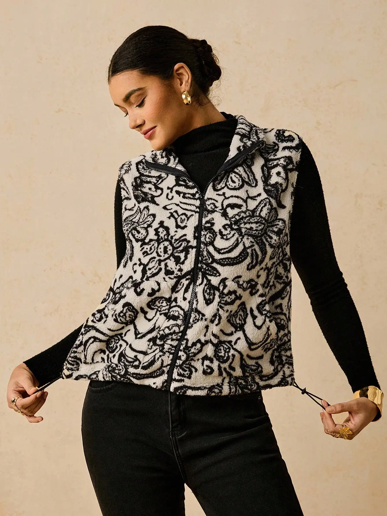 Damska polarowa kamizelka w stylu boho z kwiatowym wzorem, plus size, zapinana na zamek, jesienno-zimowa odzież wierzchnia codzienna.