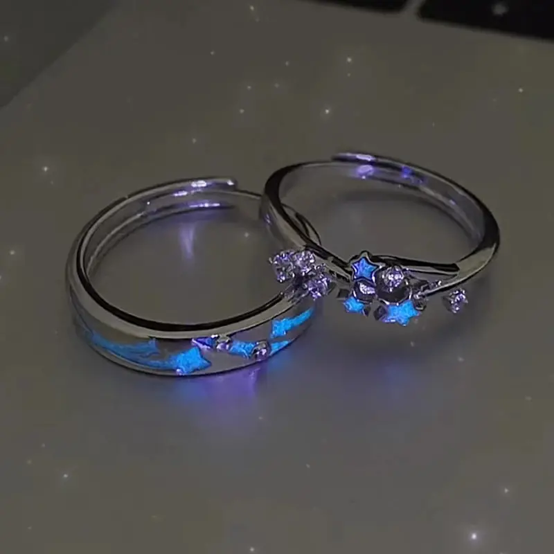 Blue Green Luminous Light Star Ring Glow In Dark Fluorescent Heart Ring Women Men Couple Adjustable Finger Rings Jewelry