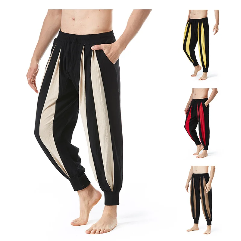 

Street-style loose harem pants for men 2024 Spring/Summer cotton and linen color-blocking casual pants with youthful vitality