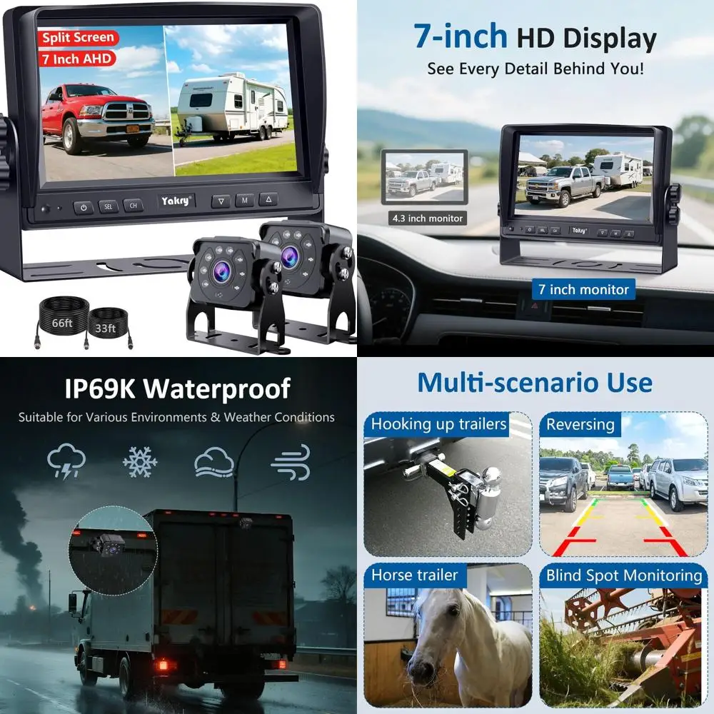 Dual RV Backup Camera for Truck - 7 Inch HD Split Screen Reverse Camera for Trucks, Easy Install, IR Night Vision, IP69 Waterpro