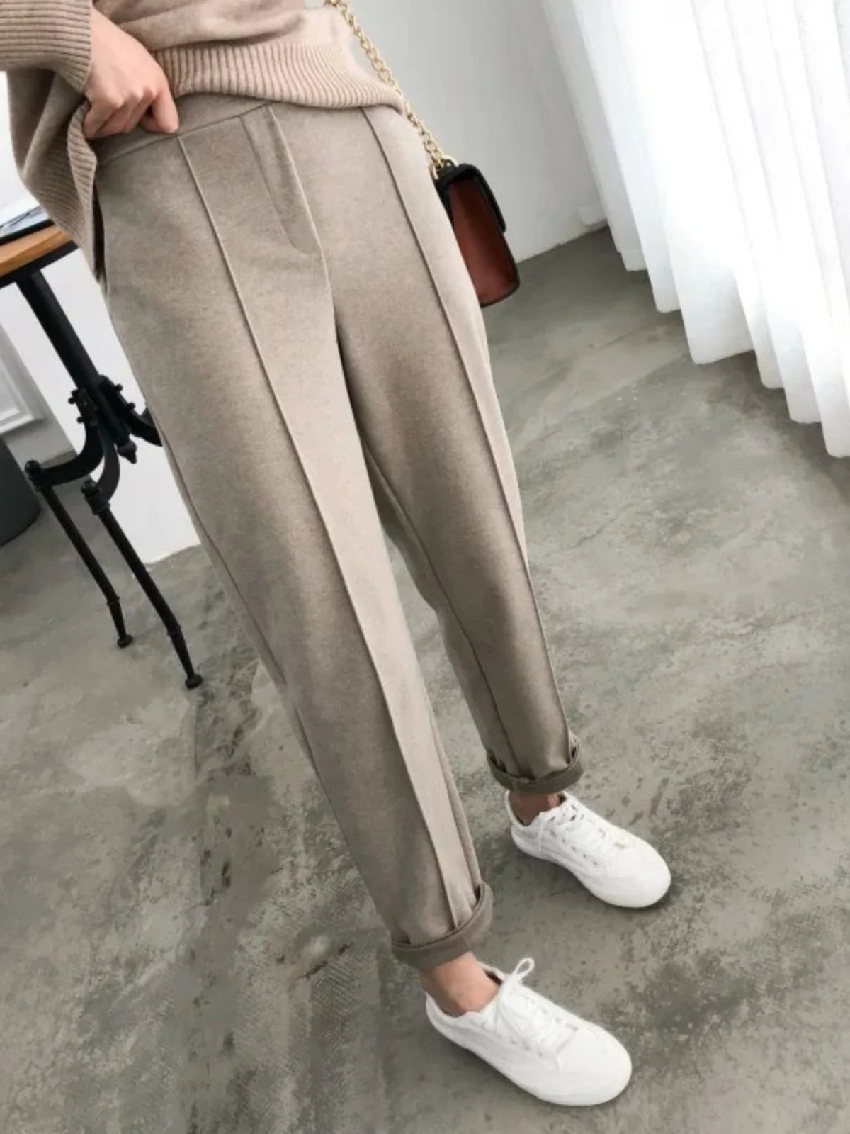 السيدات لون نقي السجائر أنبوب الجزرة السراويل الشارع Sle عارضة السراويل l الخصر ألياف البوليستر ارتداء اليومي #1