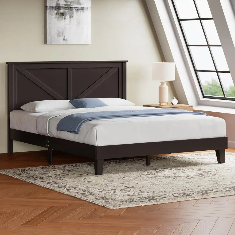 Full Size Platform Wood Bed Frame, Farmhouse Headboard, Espresso Rubber wood and plywood frame with 12 slats supports 800 lbs,