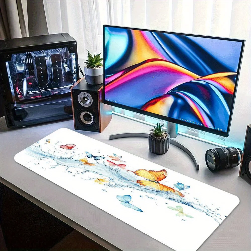 1pc Butterfly and Splash Water Design Desk Mat, Multi-Functional Computer Mouse Pad, with Non-Slip Rubber Base, for Home and Off