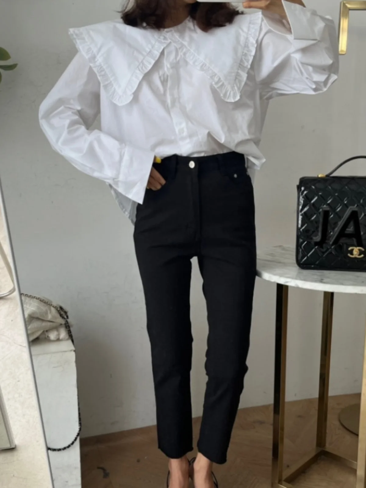 

Loose Long Sve Women's irt Pleated Wood Ear Collar Princ Collar Casual Cotton Color Fro for Office Wear