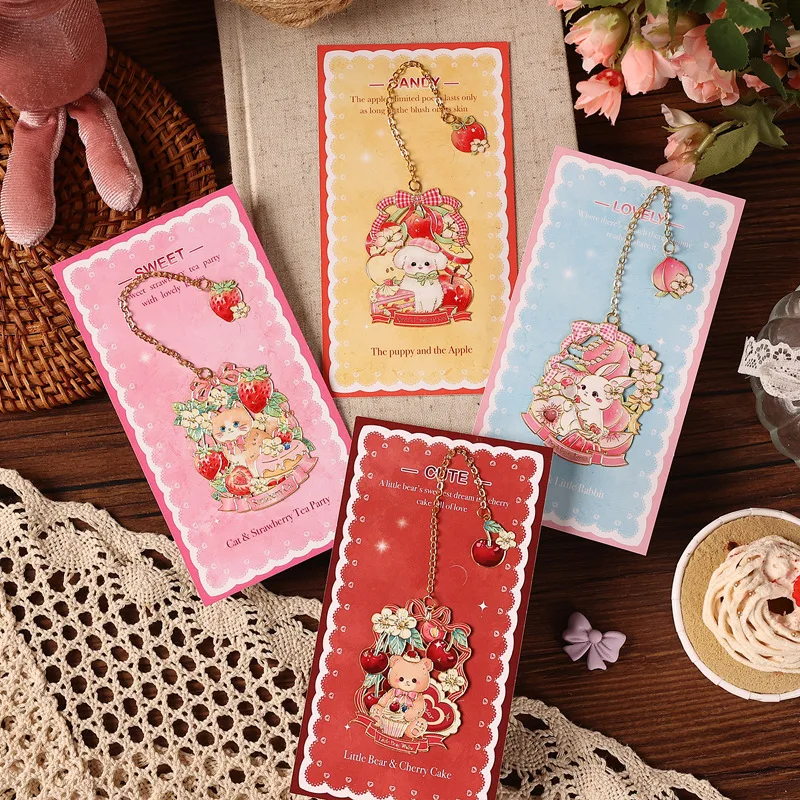 Cute Strawberry Bear Bunny Brass Bookmark with Pendant Chain – Kawaii Animal Metal Book Marker Stationery Gift for Kids Girls view 4