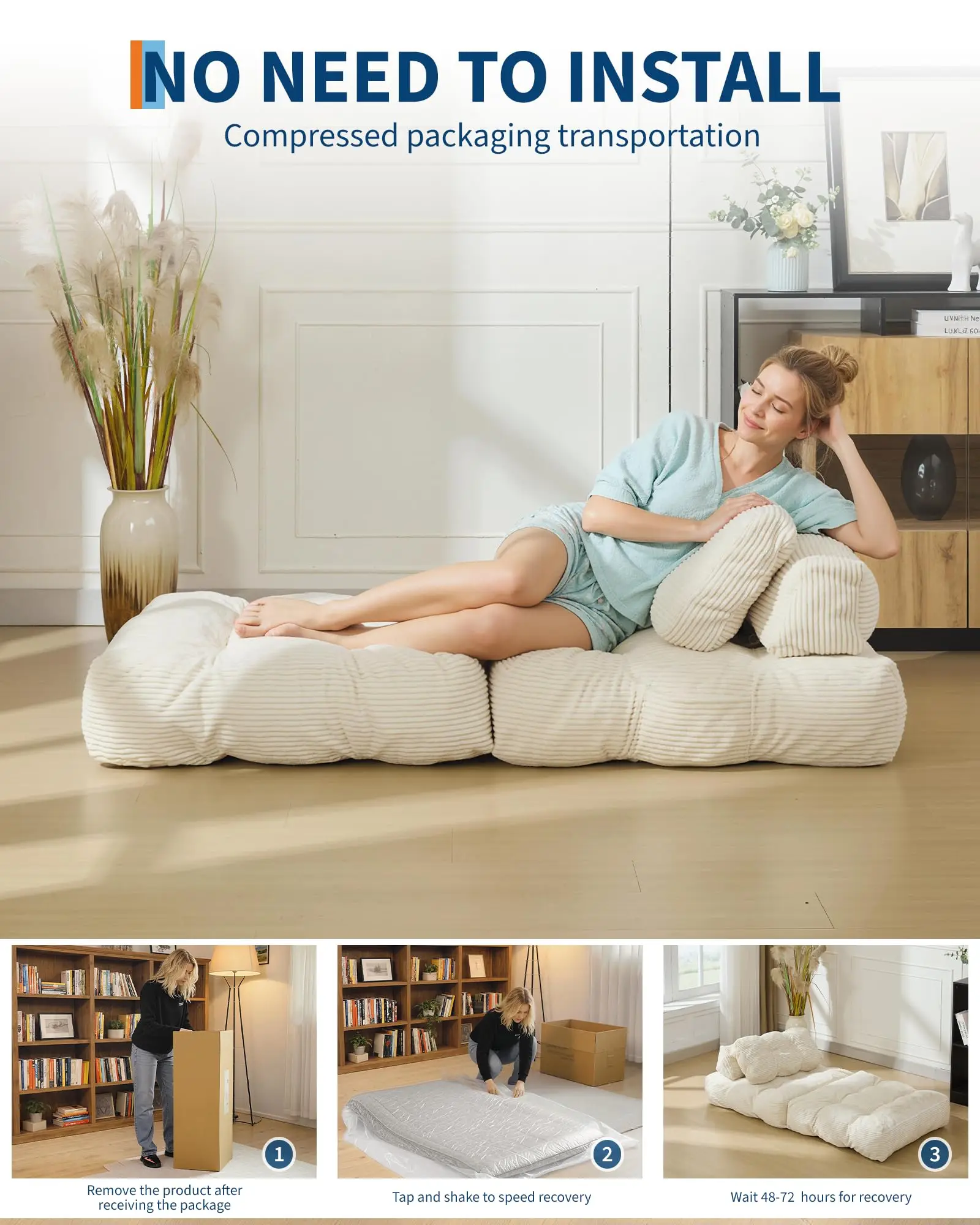 Fauteuil-lit simple beige confortable – Canapé-lit pliable 3-en-1 avec tissu en coton, dossier et coussin – Revêtement en polyuréthane, design moderne – Portable et peu encombrant 51.18IN*34.25IN*18.11IN