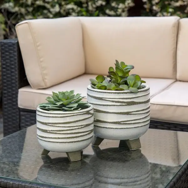

S/2 CERAMIC 6/8' FOOTED PLANTER, WHITE
