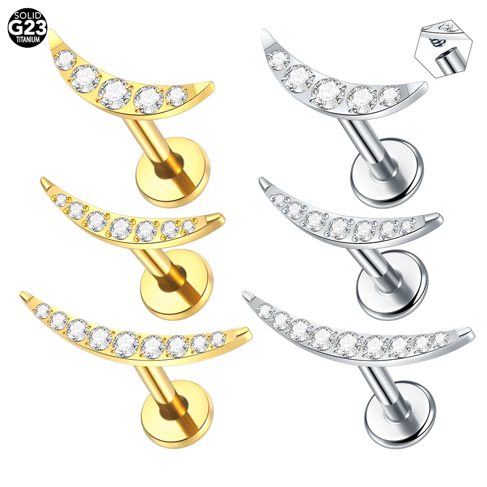 1/5 Uds titanio 16G luna creciente PIERC cartílago de la oreja CZ pavimentado superior Labret Stud Tragus Helix pendiente Piercings labio joyería de mujer