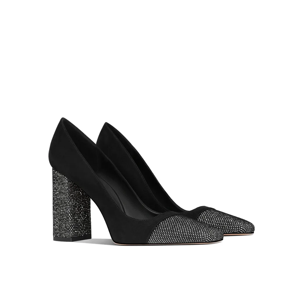 

Black 2025 Autumn Pointed Toe Chunky Heel Dress Shoes for Women with Rhinestones Comfortable