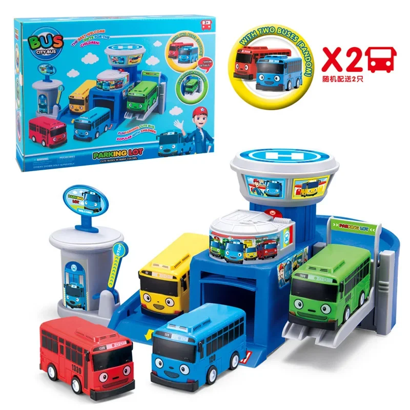 The Tayos Little Bus Pull Back Cartoon Bus Parking Lot Toys Childrens Matching Track Minibus Alloy Car Collection Of Tayo Scene