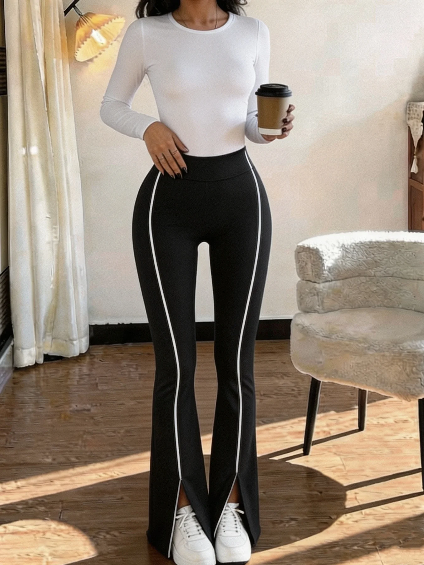 Women Two Piece Set Long Sleeve Crew Neck Top Slim Fit Flare Pant Front Slit Black Soft Elegant Casual Chic Daily Y2K Streetwear