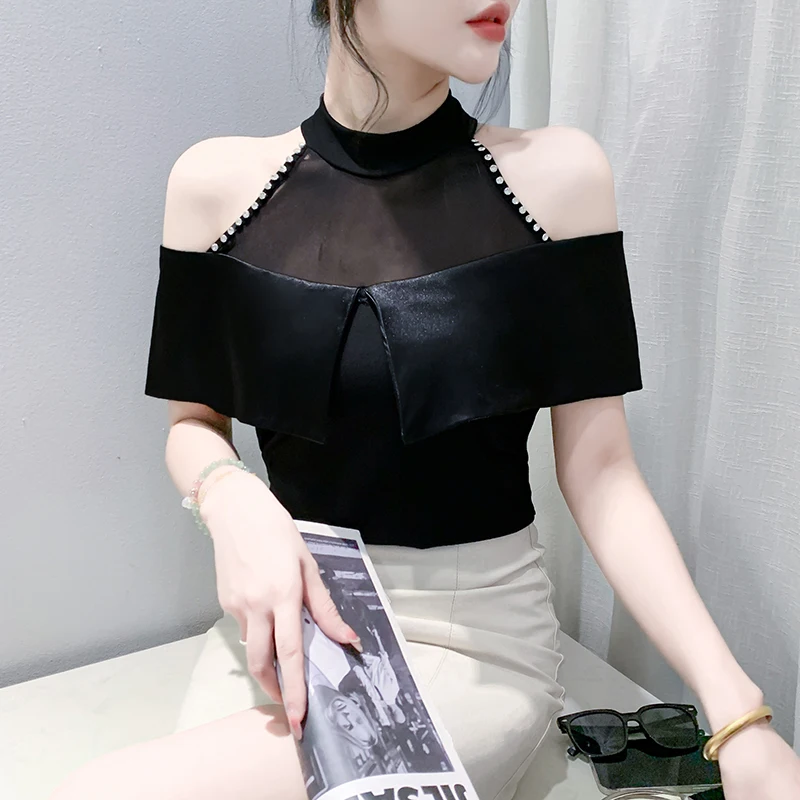 MadBlack-Women European T-Shirt, Sexy O Neck Diamond Ruffles,Streetwear Short Sleeve Off Shoulder Slim Tee, 2025 Summer T53423CC