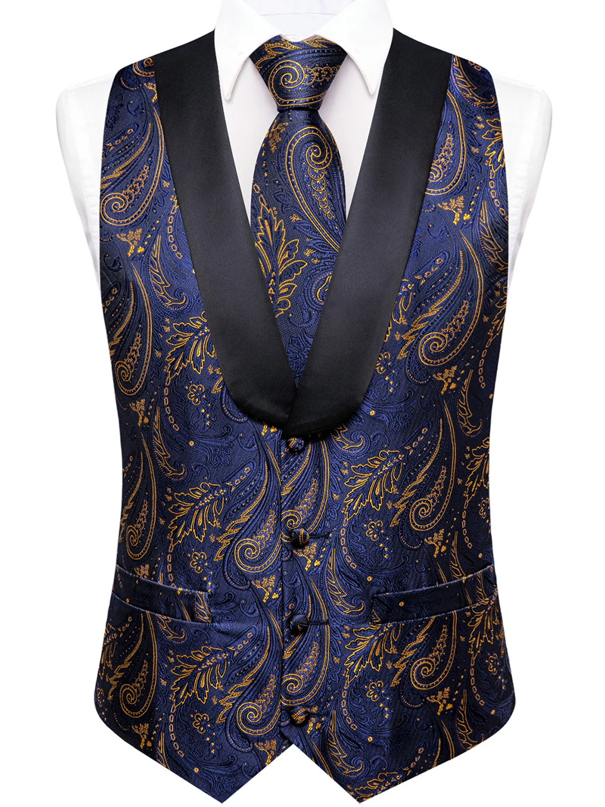 VERVEROW 3PCS NavyBlue Paisley Jacquard Waistcoat Set, Men Black Shawl Lapel Formal Slim Fit Suit Vest with Tie & Pocket Square