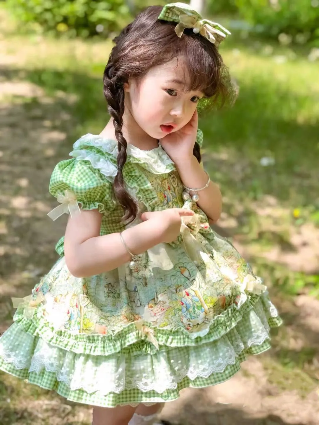 3PCS 0-12Y Baby Girl Summer Spring Rabbit Spanish Vintage Lolita Princess Dress with Pants Hairbow for Easter Birthday Holiday